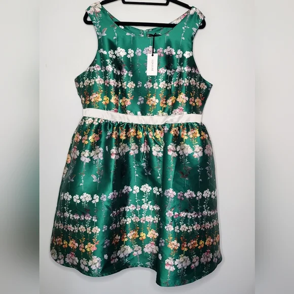 ModCloth Liz Luxe Emerald Floral Fit & Flare Dress XXL NWT Satin Garden Party - Picture 2 of 15